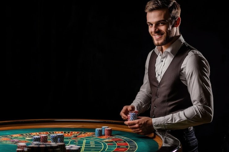 Live dealer at meta88 Free Bet Blackjack table with HD broadcast setup